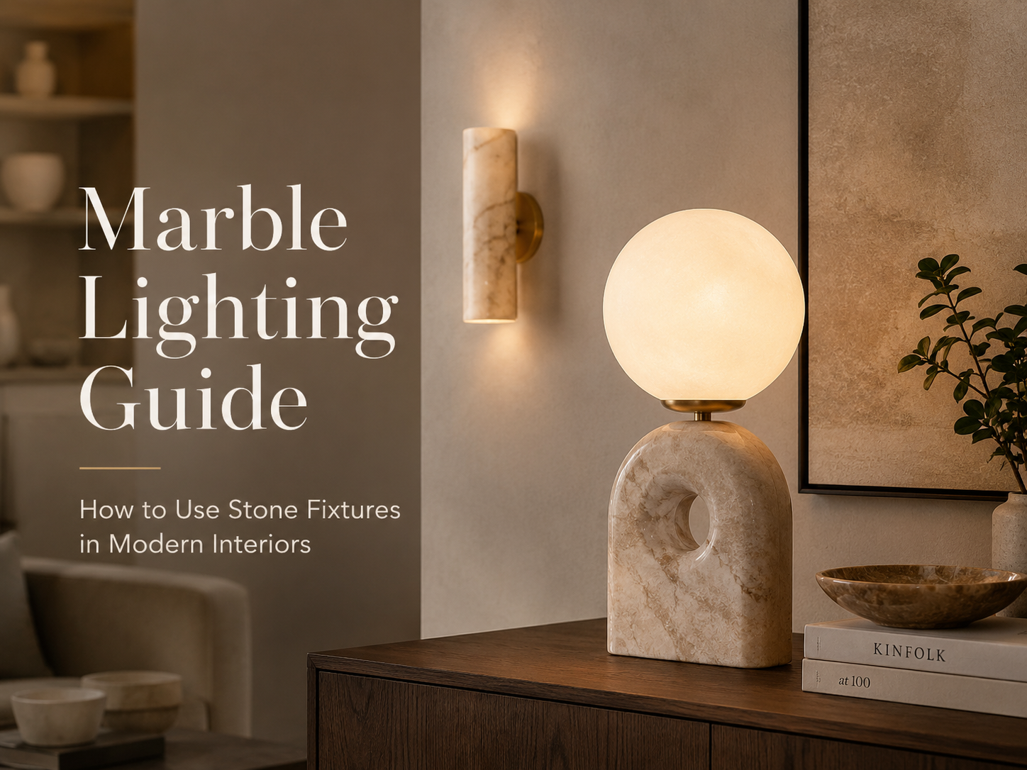 Marble lighting guide with stone table lamp and wall sconce in a modern interior