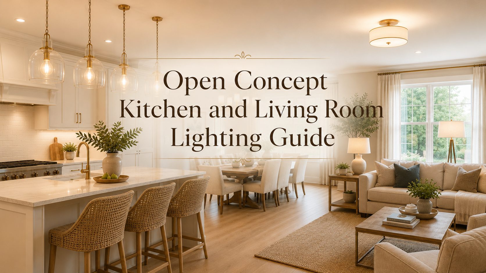 Open concept kitchen and living room lighting with pendant lights and ceiling fixtures