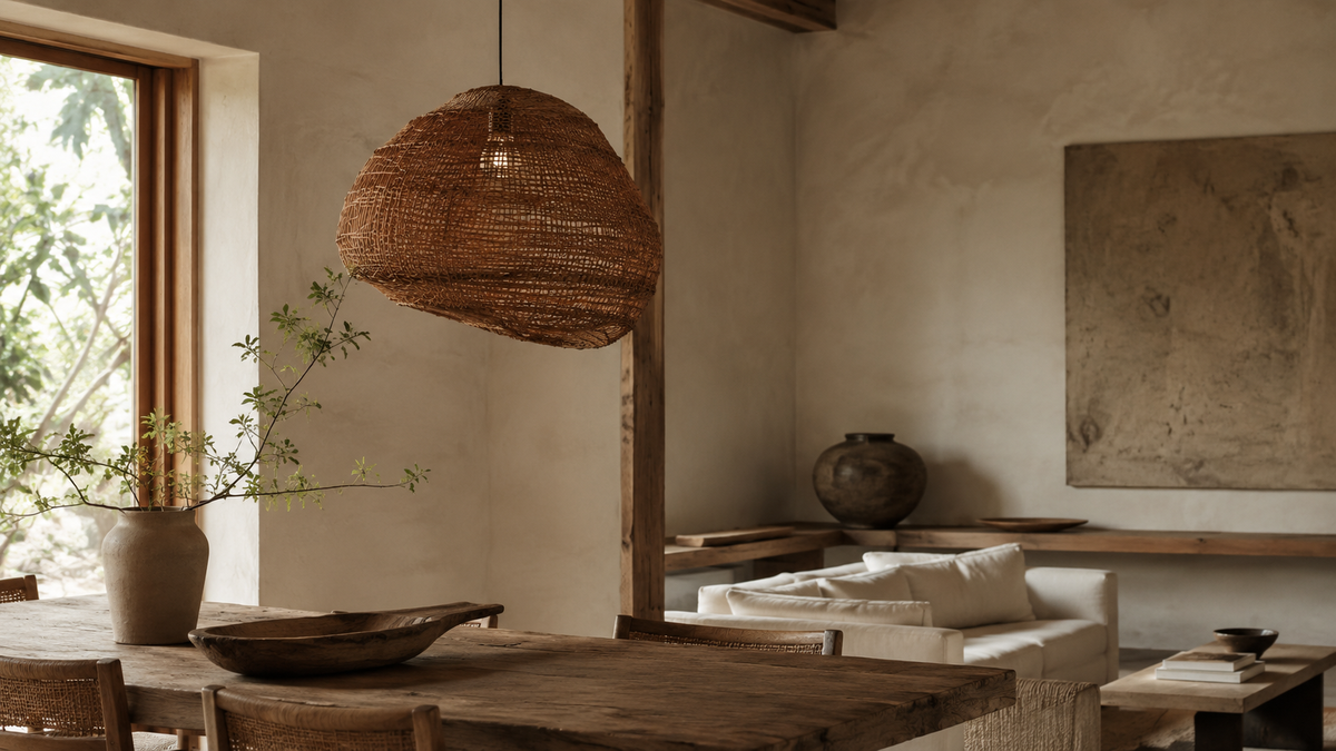 Wabi-sabi interior with organic rattan pendant light over dining table, open-plan living space with natural wood and plaster walls