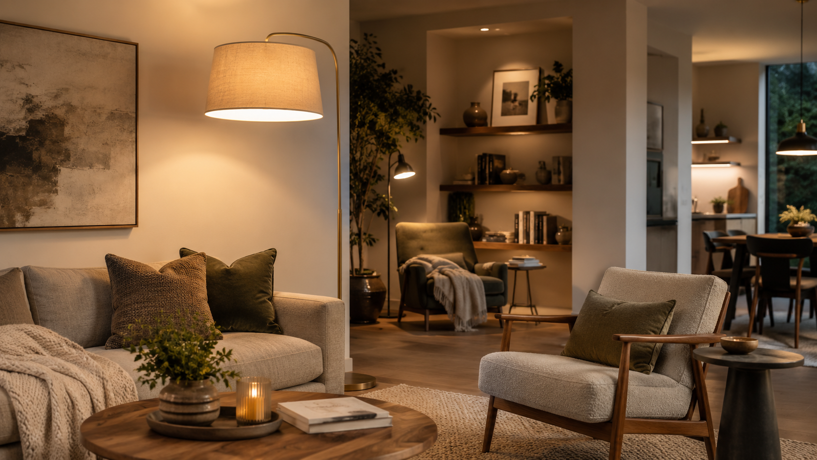 Floor lamp adding warm layered lighting beside a sofa and reading chair in a modern living room