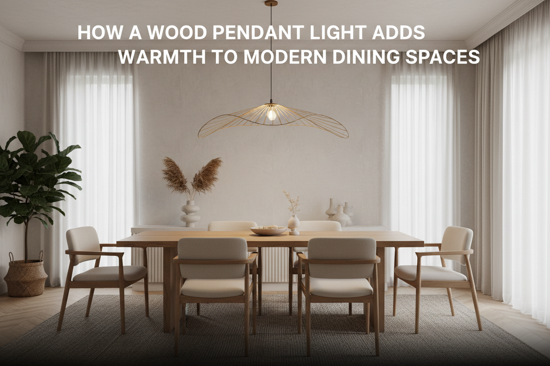 Illustration of how a wood pendant light adds warmth to modern dining spaces - Glowryte