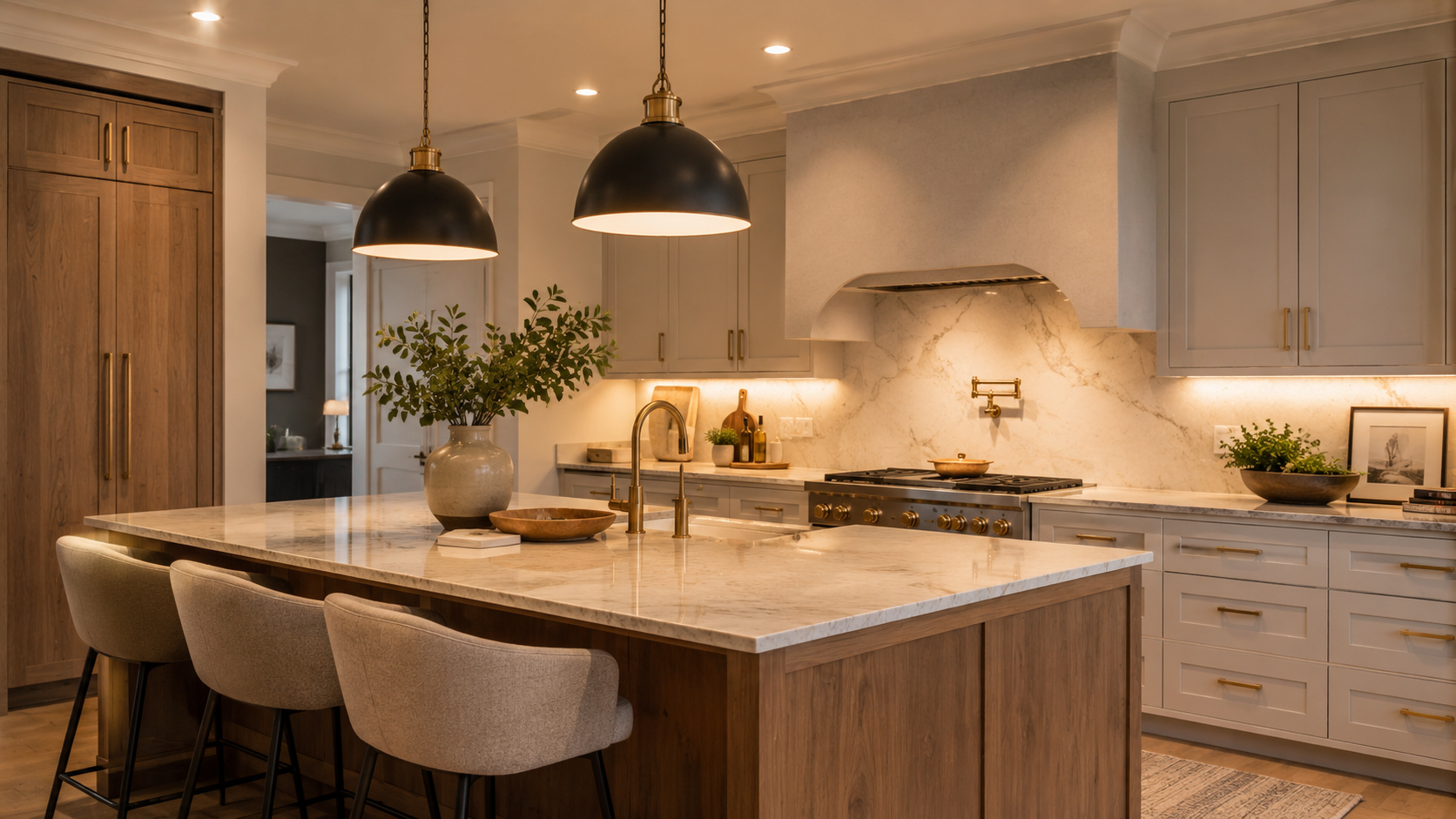 Kitchen island pendant lights providing warm functional lighting in a modern kitchen