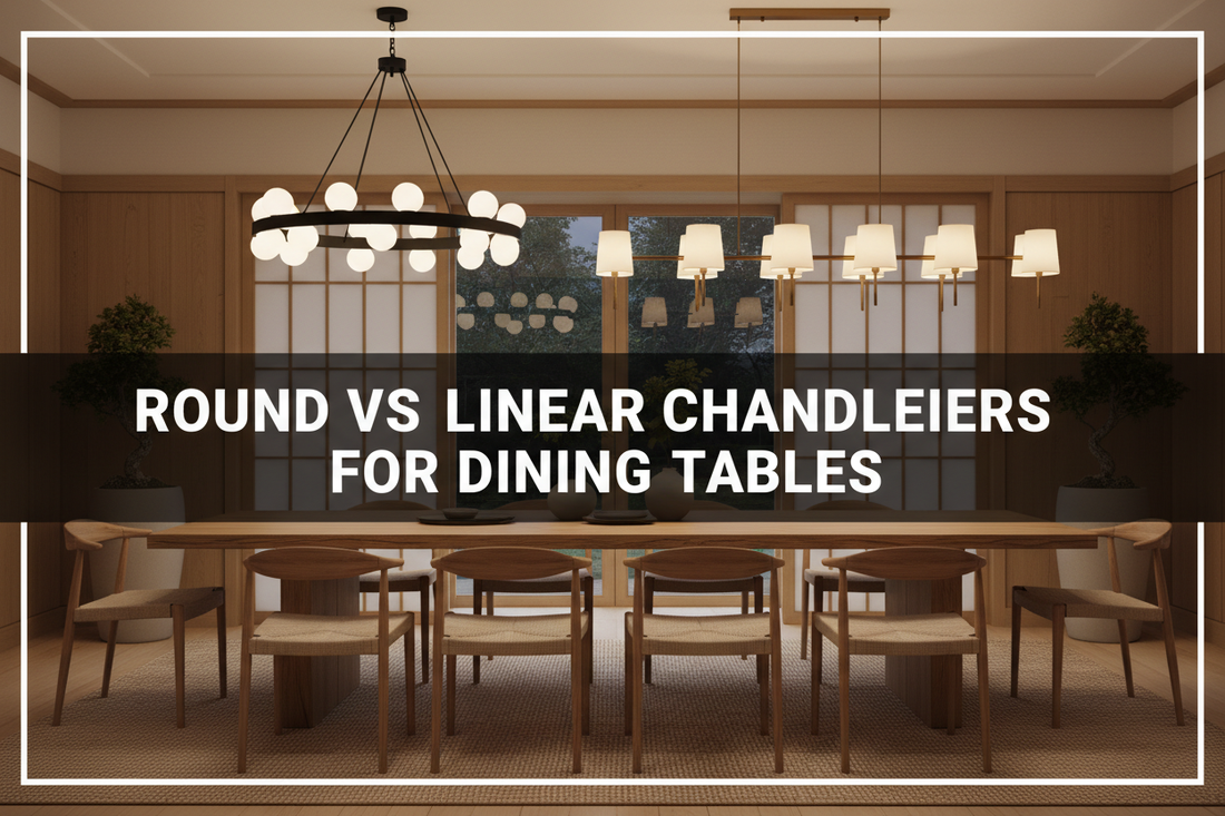 Illustration of round vs linear chandeliers for dining tables - Glowryte