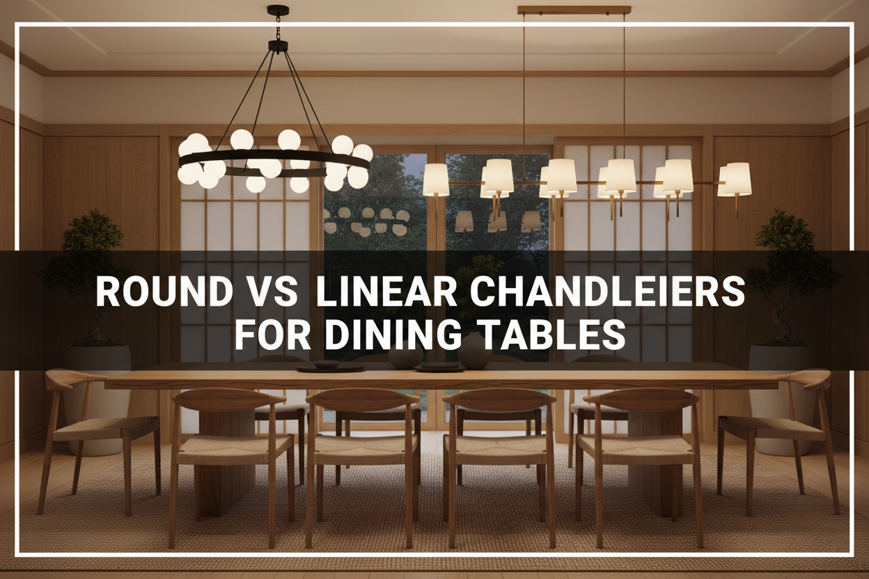 Illustration of round vs linear chandeliers for dining tables - Glowryte
