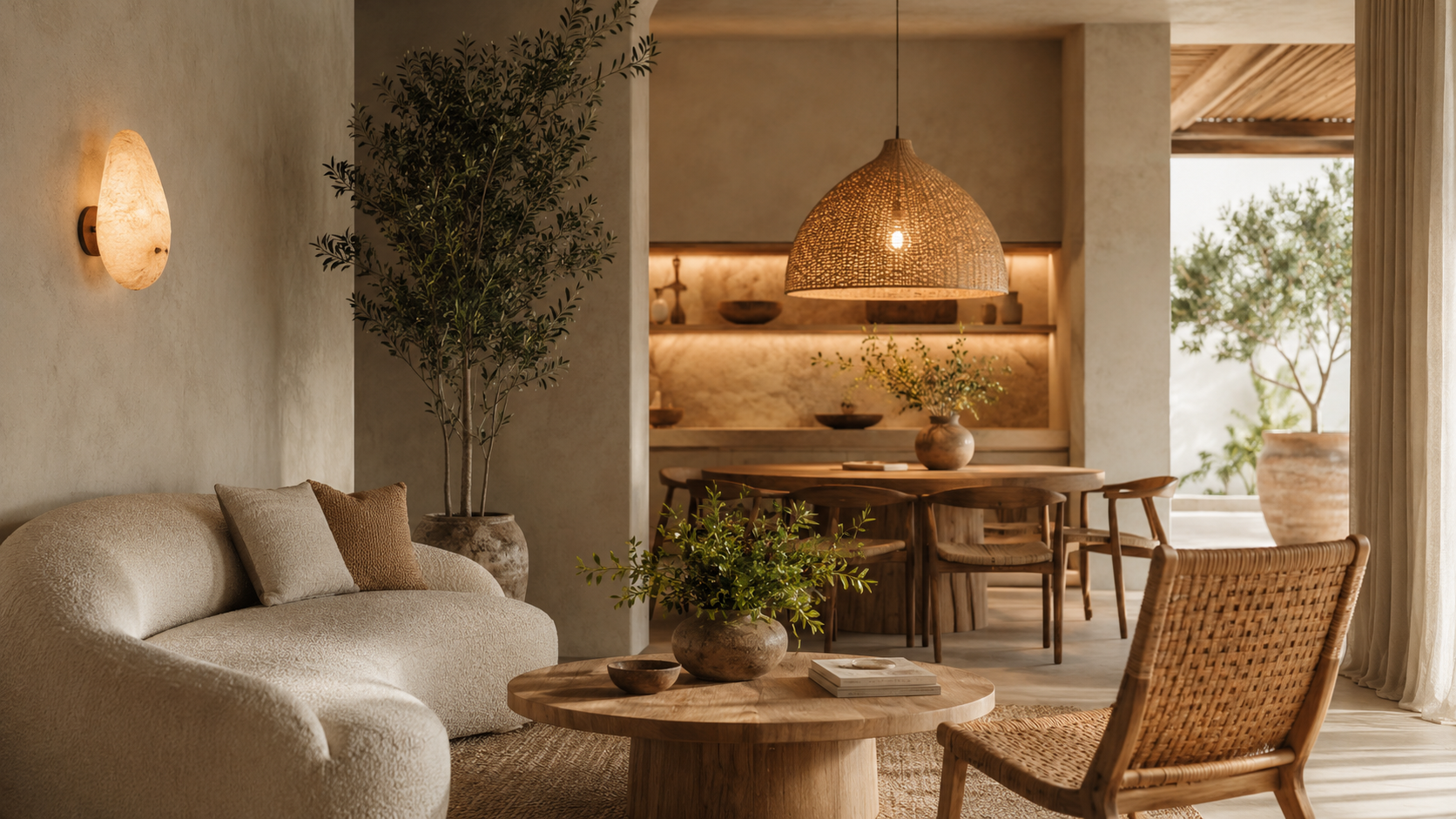 Organic modern lighting with woven pendant and alabaster wall sconce in a warm neutral home