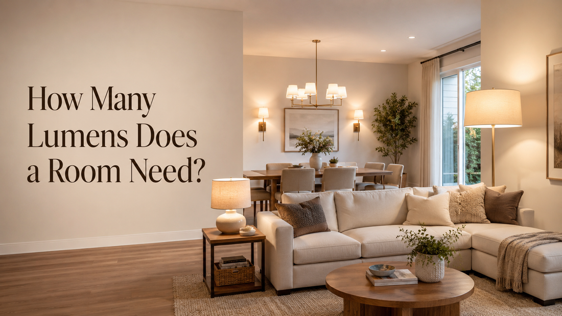 Layered lighting in a warm modern living and dining room