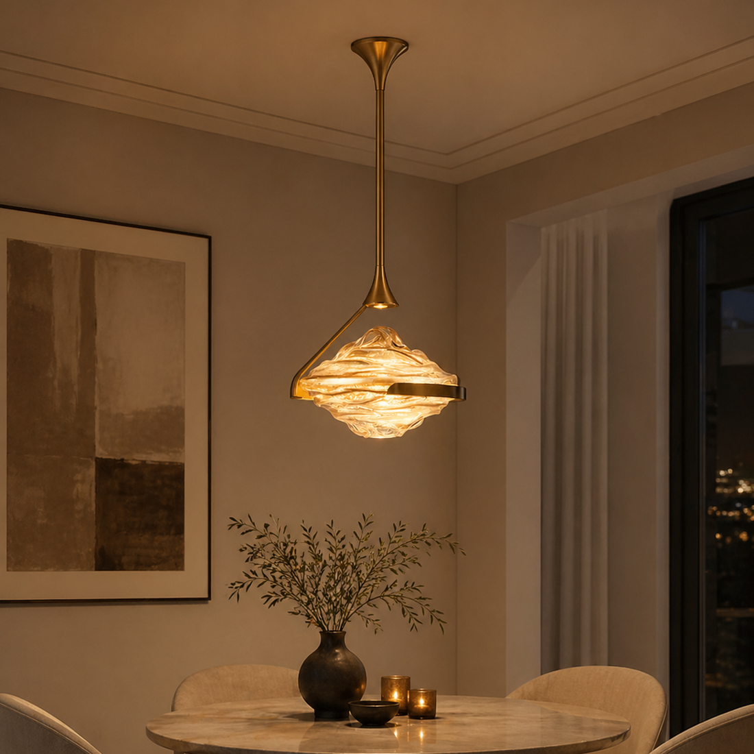 Sculptural Glass Pendant Light illuminated in a warm interior setting