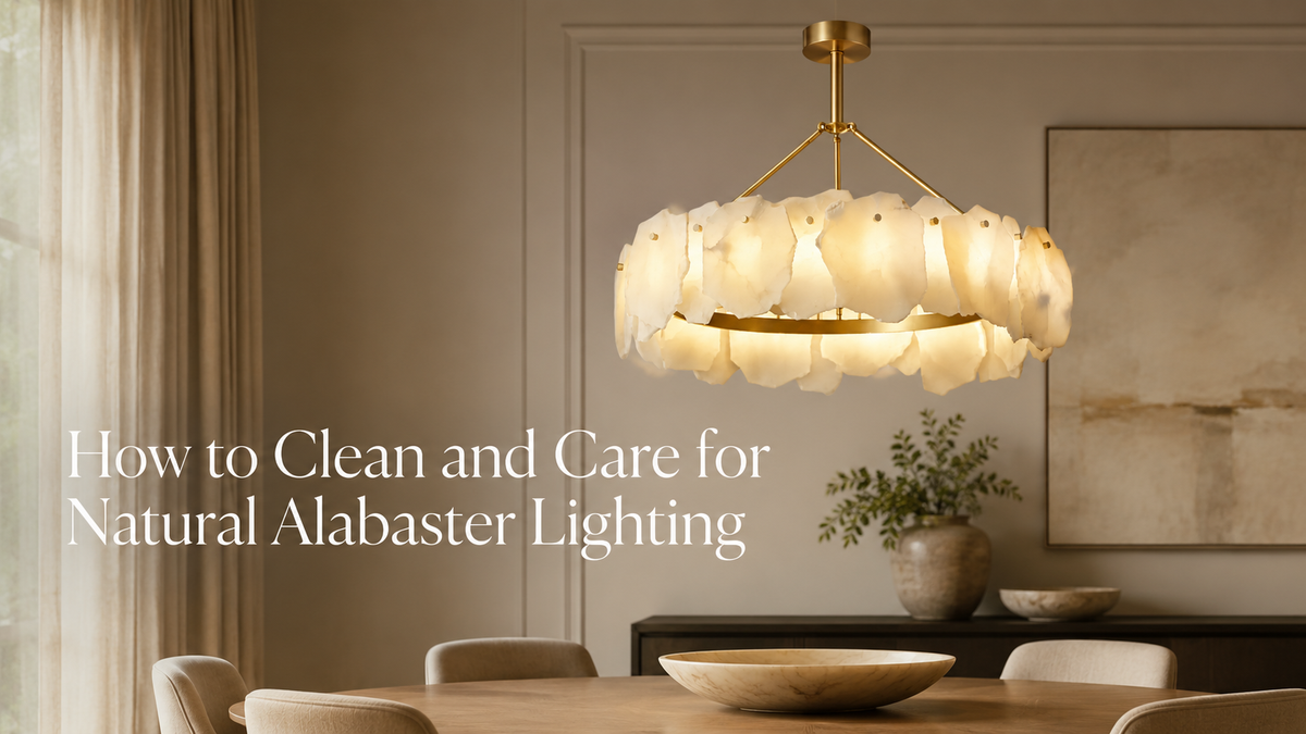 Auren Cloud alabaster chandelier with warm glow in a modern dining room