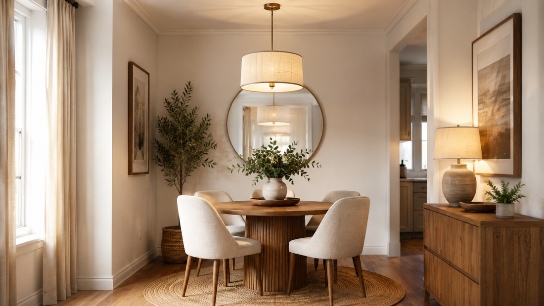 Small dining room lighting with a pendant light centered above a round dining table