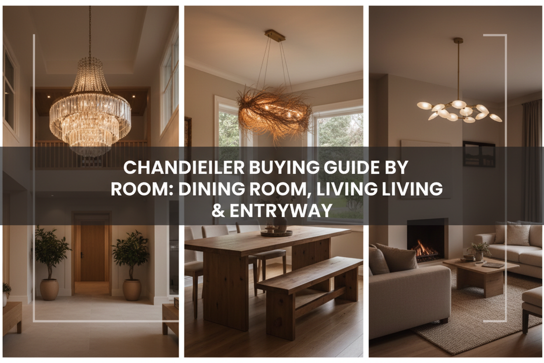 Illustration of chandelier buying guide by room: dining room, living room & entryway - Glowryte