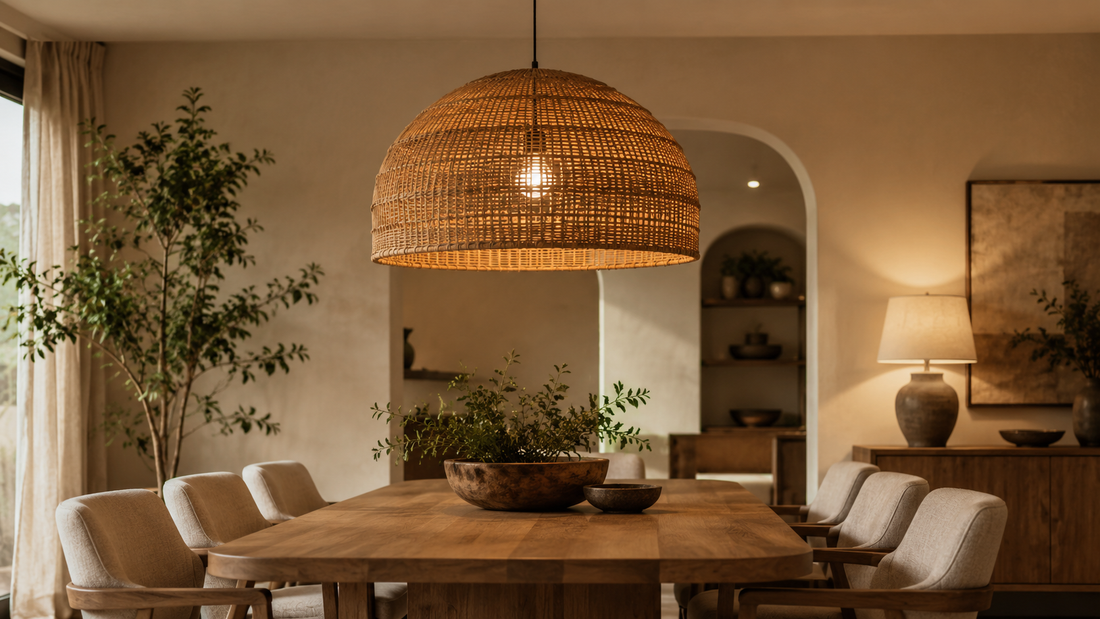 Rattan pendant light above a wooden dining table in a warm modern dining room