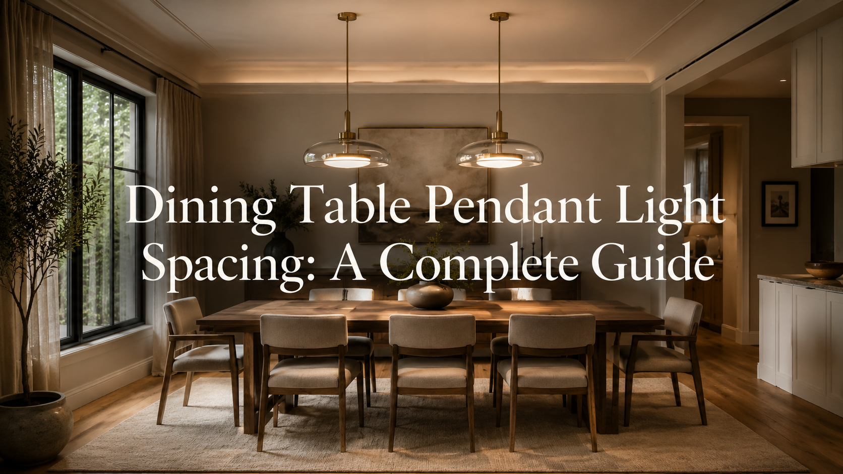 Dining table pendant light spacing guide with two pendant lights above a wooden dining table