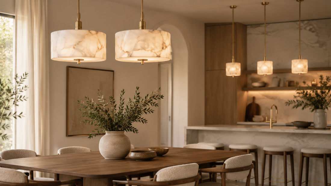Alabaster pendant lights above a warm modern dining table and kitchen island