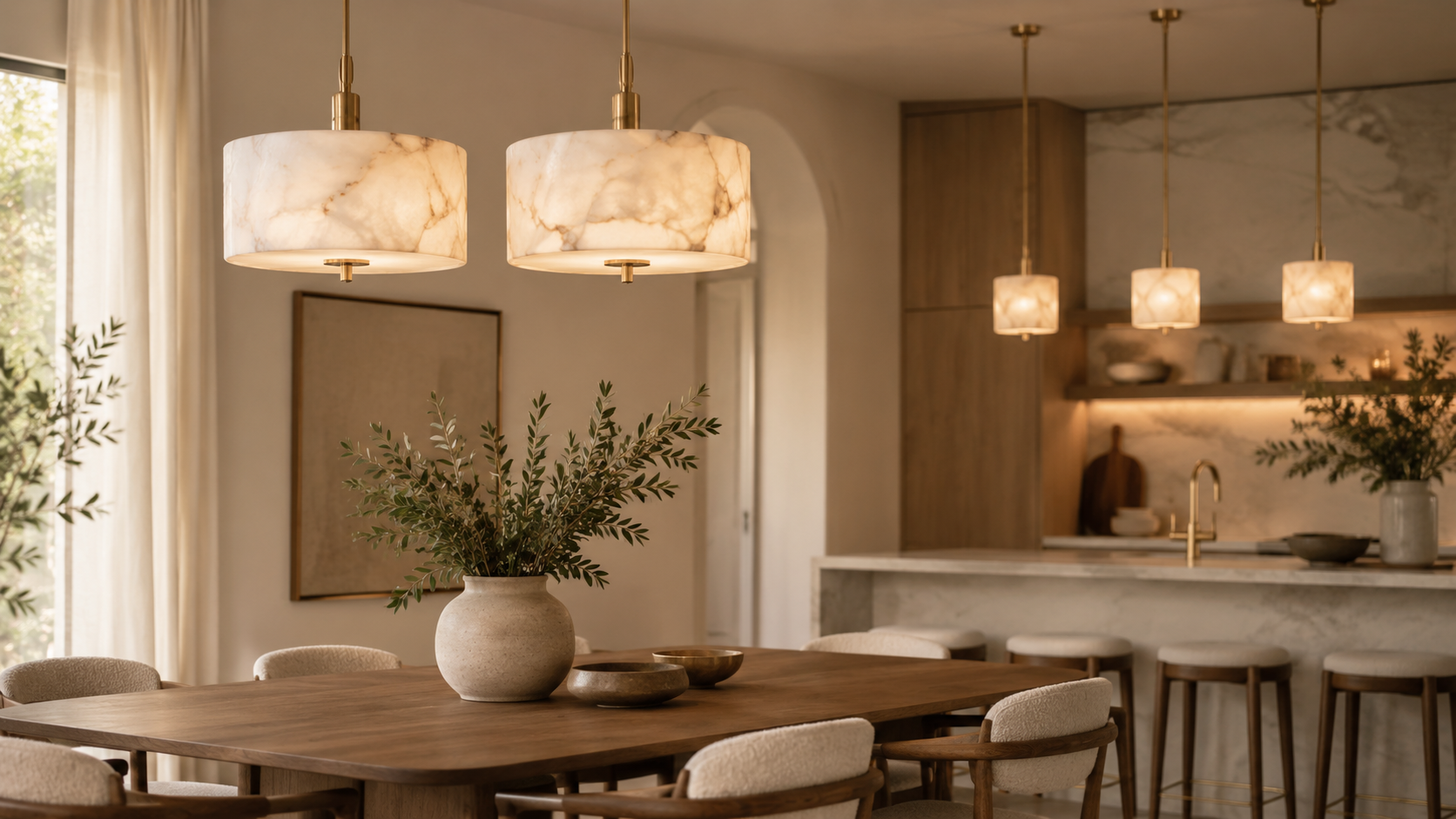 Alabaster pendant lights above a warm modern dining table and kitchen island