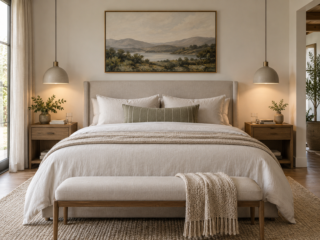 Two bedside pendant lights hanging symmetrically over nightstands in a modern bedroom