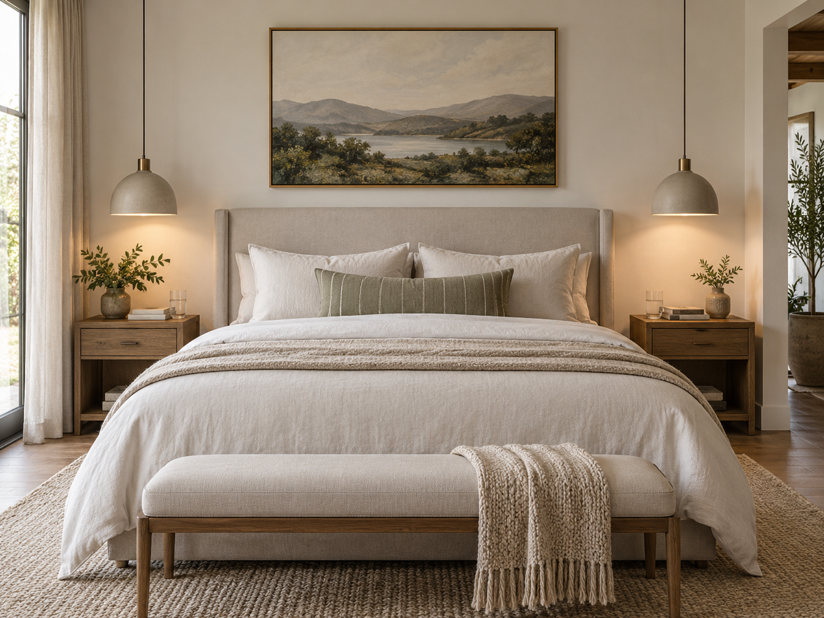 Two bedside pendant lights hanging symmetrically over nightstands in a modern bedroom