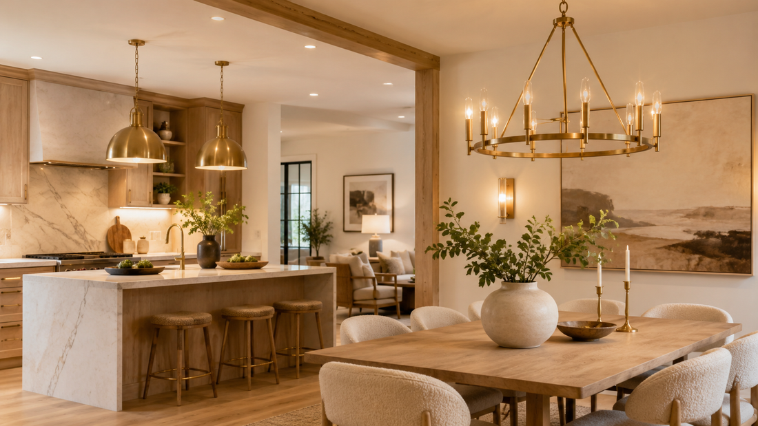 Gold and brass lighting adding warmth to a modern kitchen and dining room