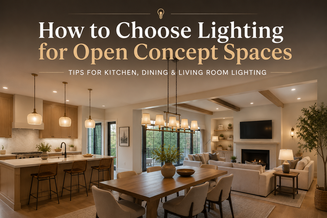 Open concept kitchen dining and living room lighting with layered fixtures