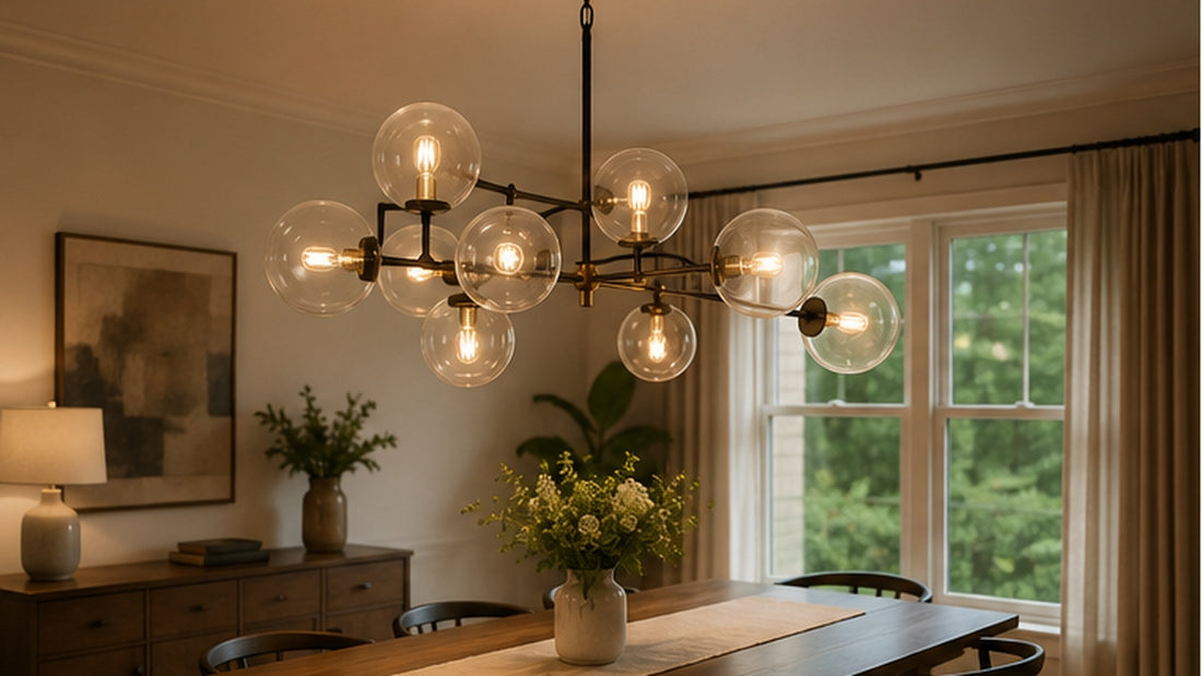 Clear glass chandelier with visible bulbs above a modern dining table