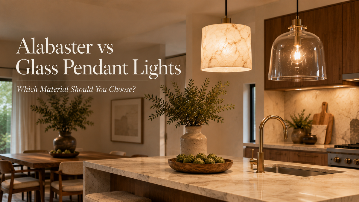 Alabaster and glass pendant lights in a warm modern kitchen