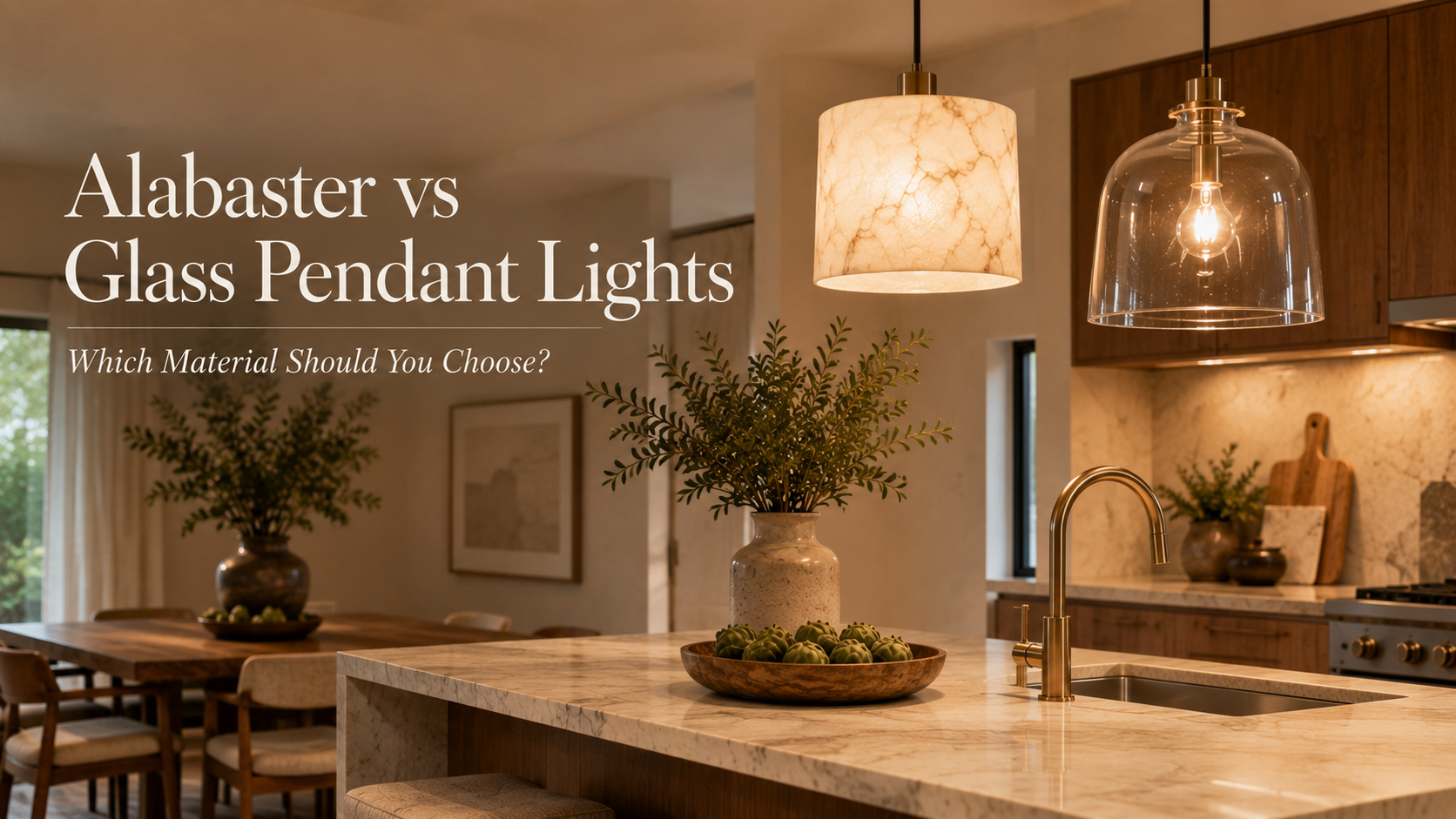 Alabaster and glass pendant lights in a warm modern kitchen