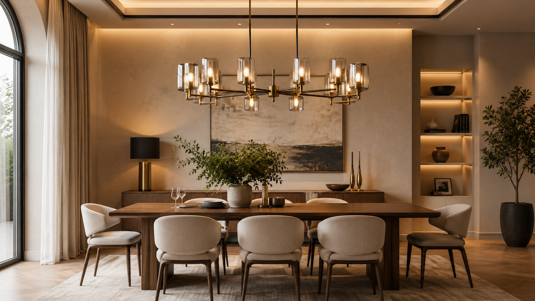 Modern dining room chandelier with glass shades in a warm elegant interior