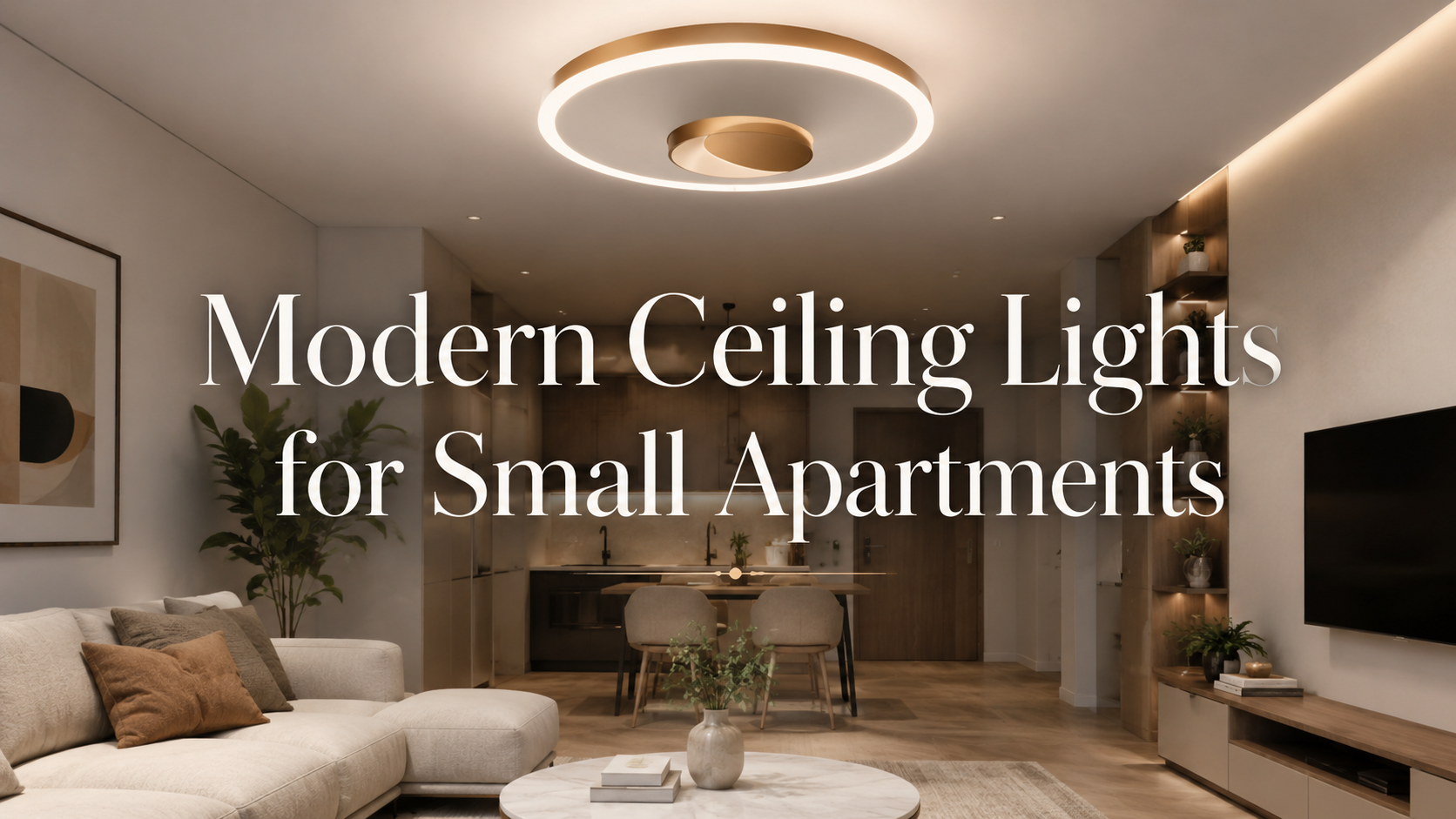 Modern ceiling light in a small apartment living room with warm diffused lighting