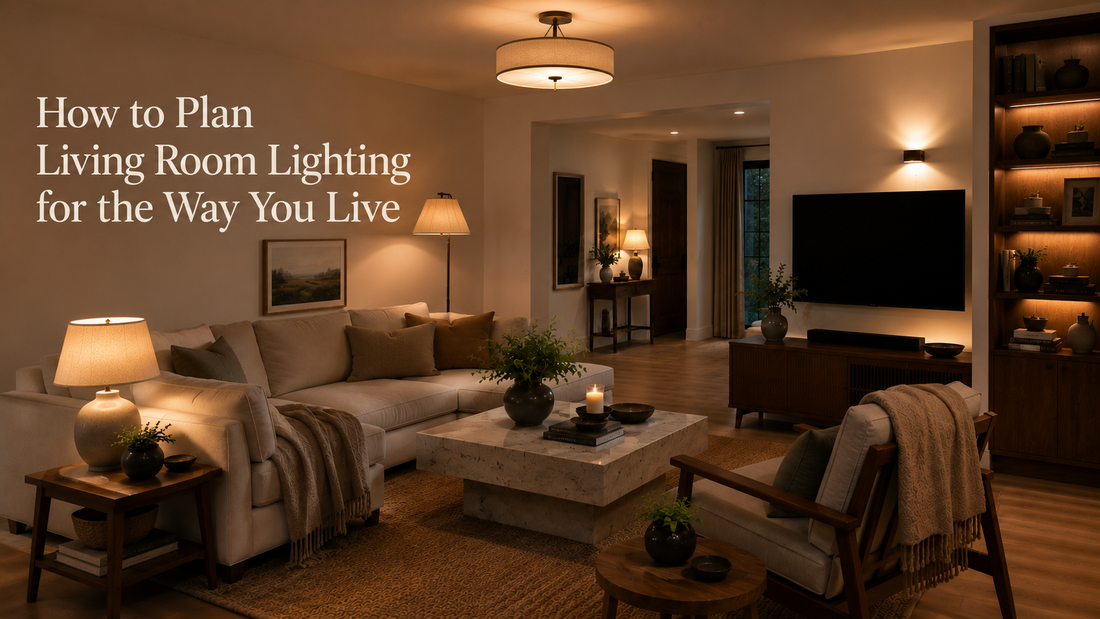 Warm modern living room with ceiling, floor, table, and accent lighting planned for different daily activities.