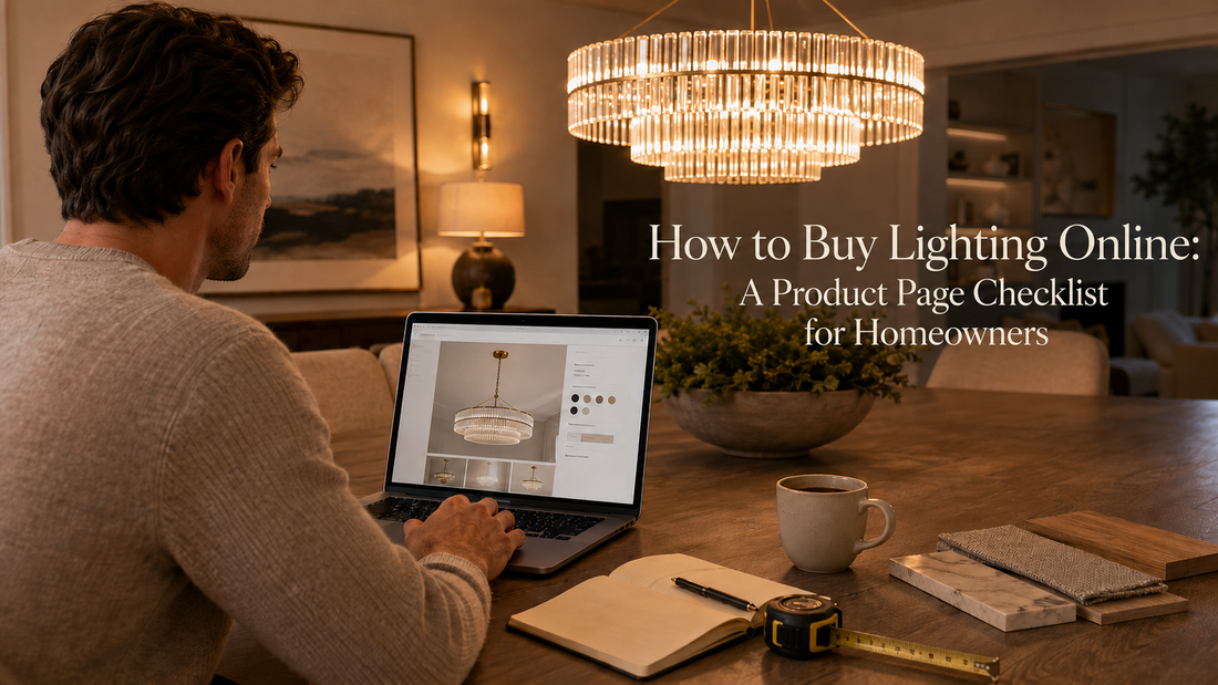 Homeowner reviewing lighting product details online before buying a chandelier.