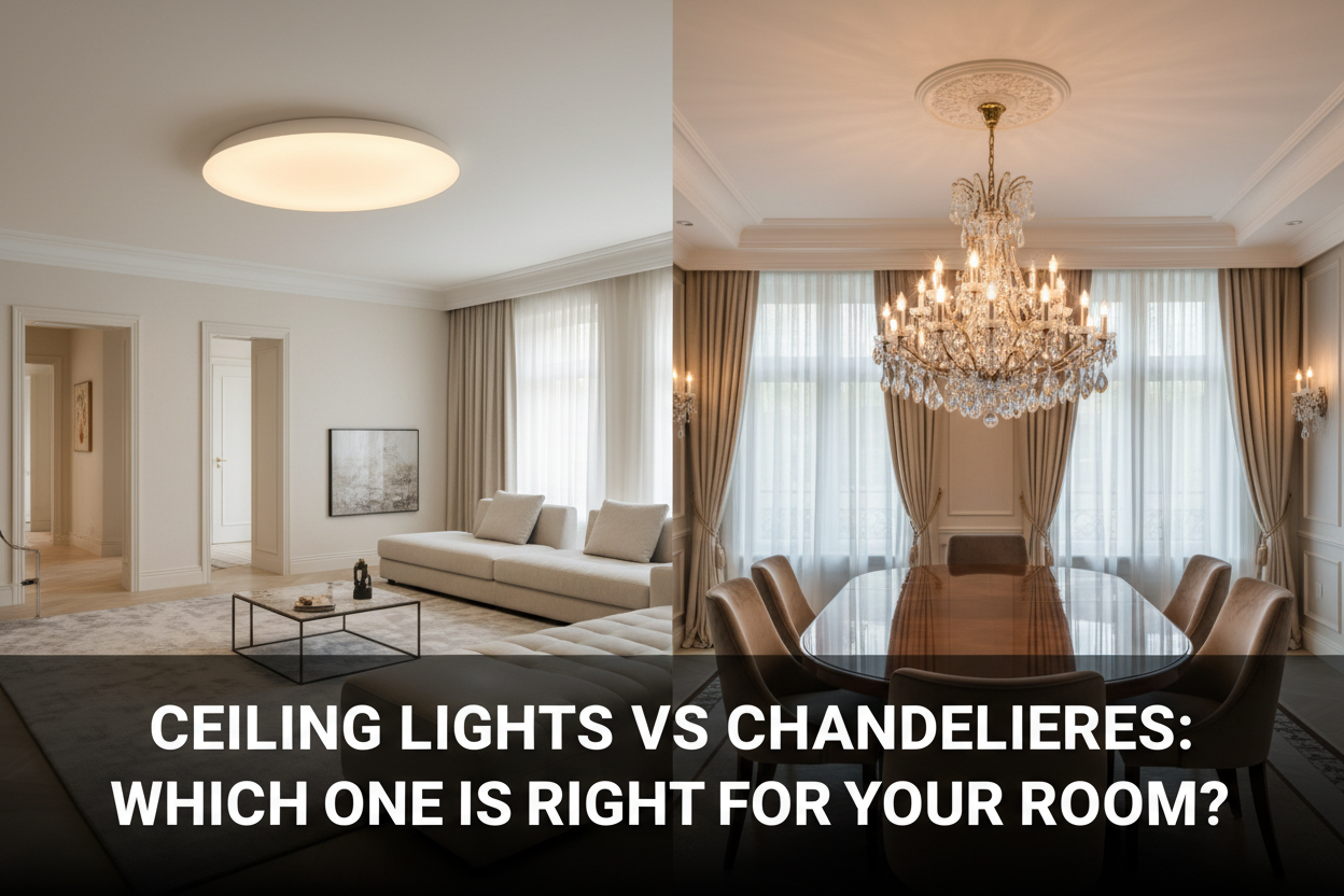 Illustration of ceiling lights vs chandeliers: which one is right for your room? - Glowryte