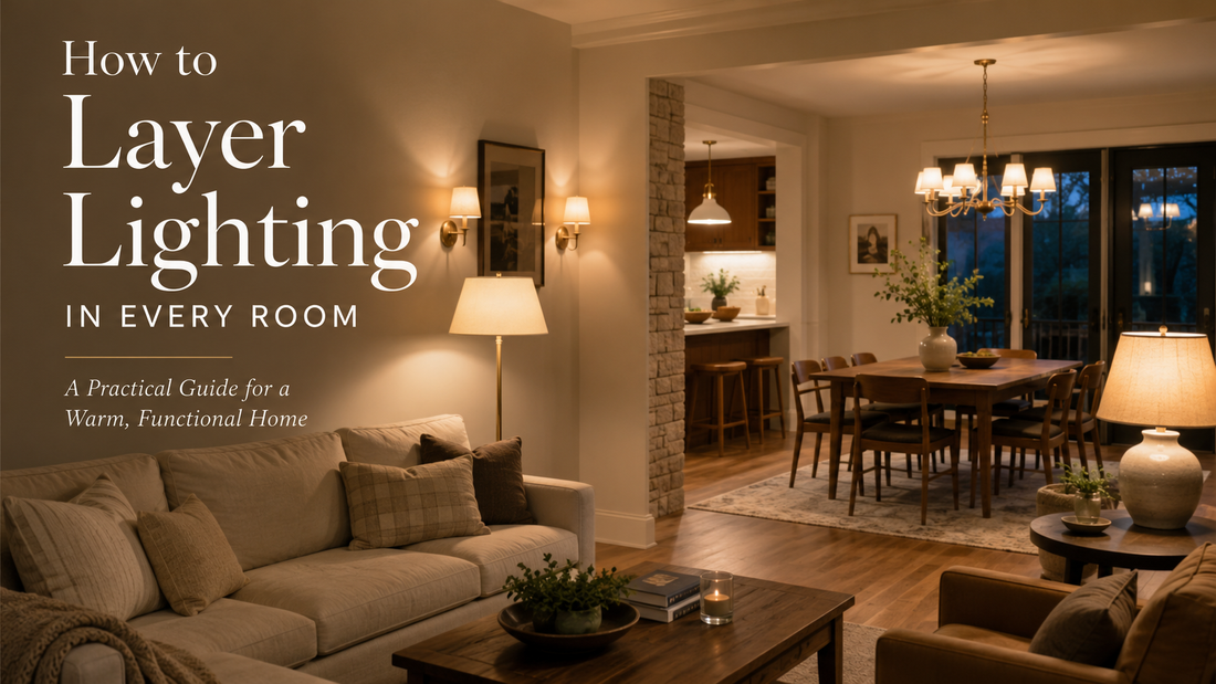 Warm open-plan living and dining room with layered ceiling, wall, table, and floor lighting