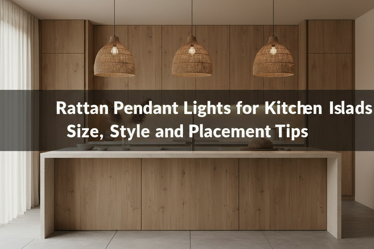 Rattan pendant lights over kitchen island in warm modern kitchen