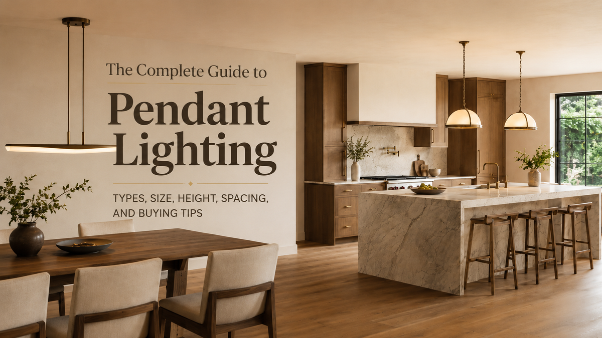Pendant lights above a kitchen island and dining table in a warm modern open-plan home