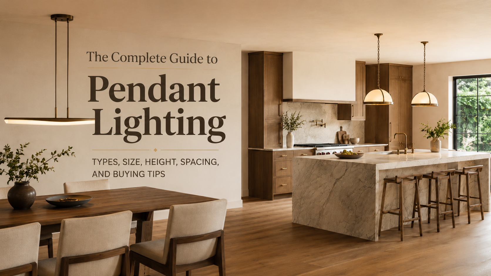 Pendant lights above a kitchen island and dining table in a warm modern open-plan home