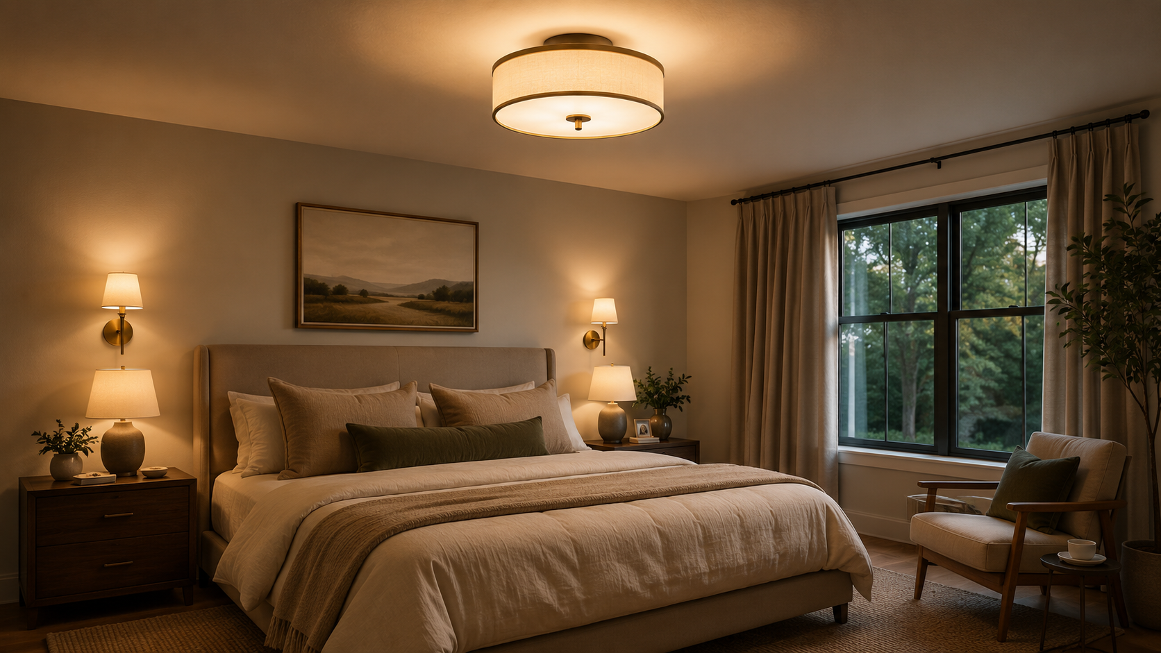 Bedroom ceiling light adding soft layered lighting in a warm modern bedroom