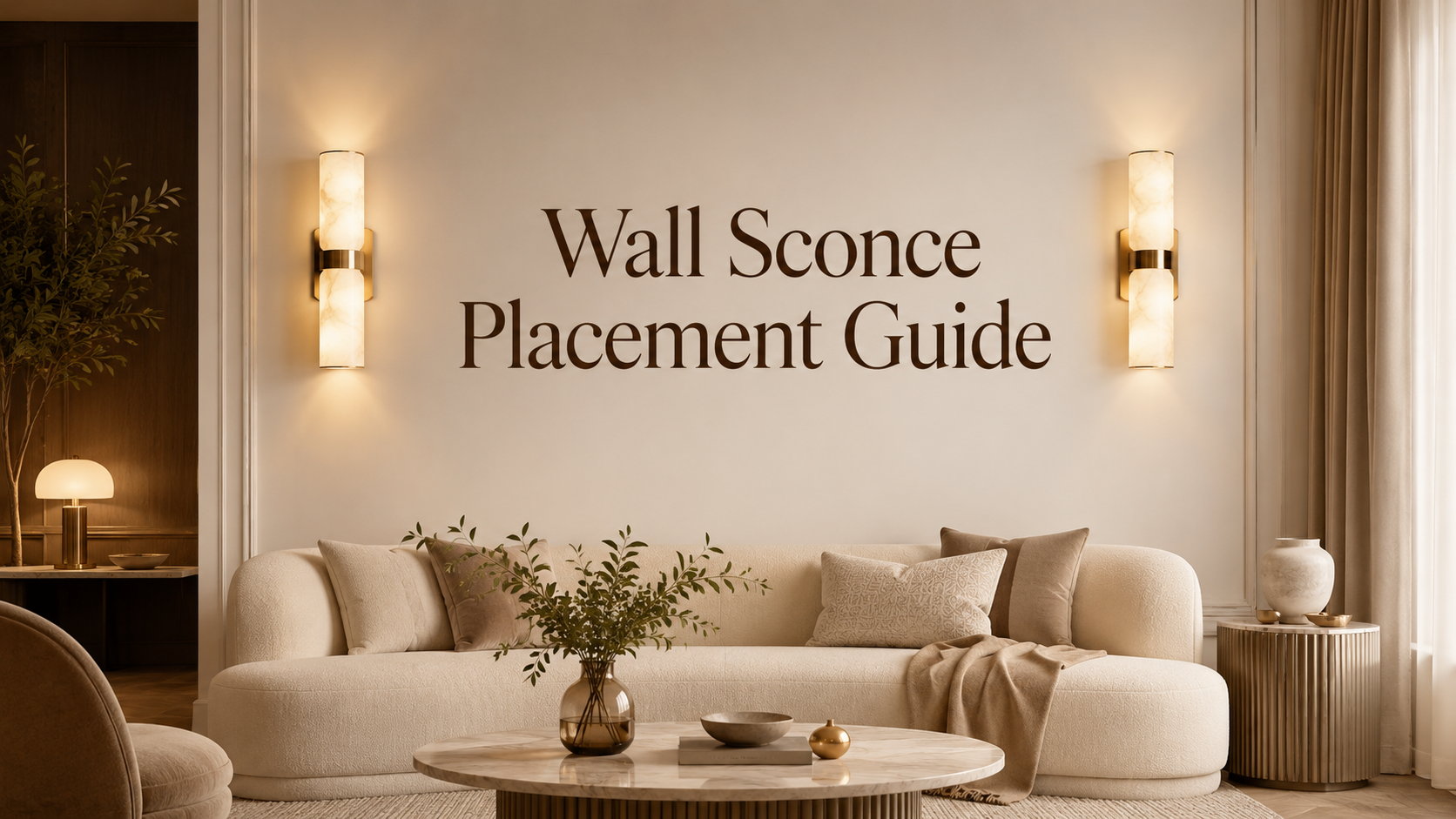 Wall sconce placement guide with brass and alabaster sconces in a modern living room