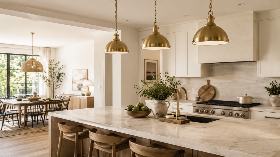 Choosing brass pendant lights for a warm modern kitchen and dining room interior