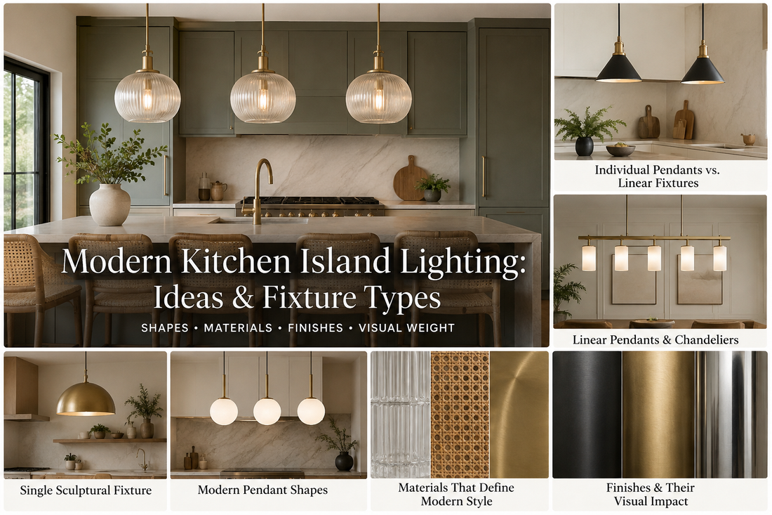 Modern kitchen island lighting ideas and fixture types — shapes, materials, finishes, and visual weight