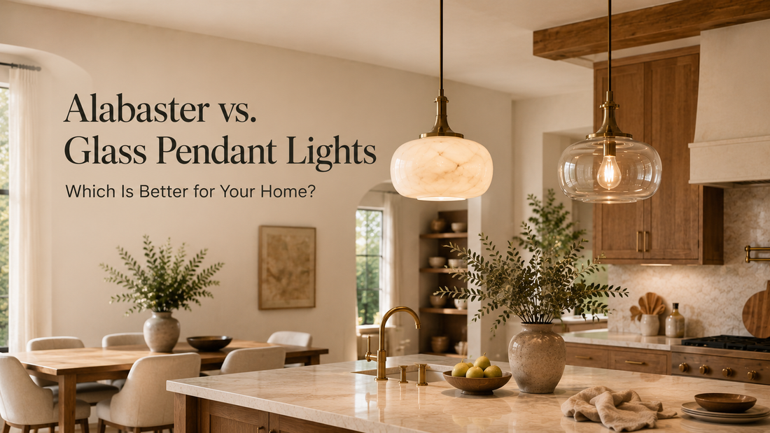 Alabaster and clear glass pendant lights compared in a warm modern kitchen and dining interior