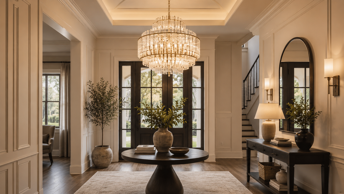 Foyer chandelier creating elegant entryway lighting in a warm modern home