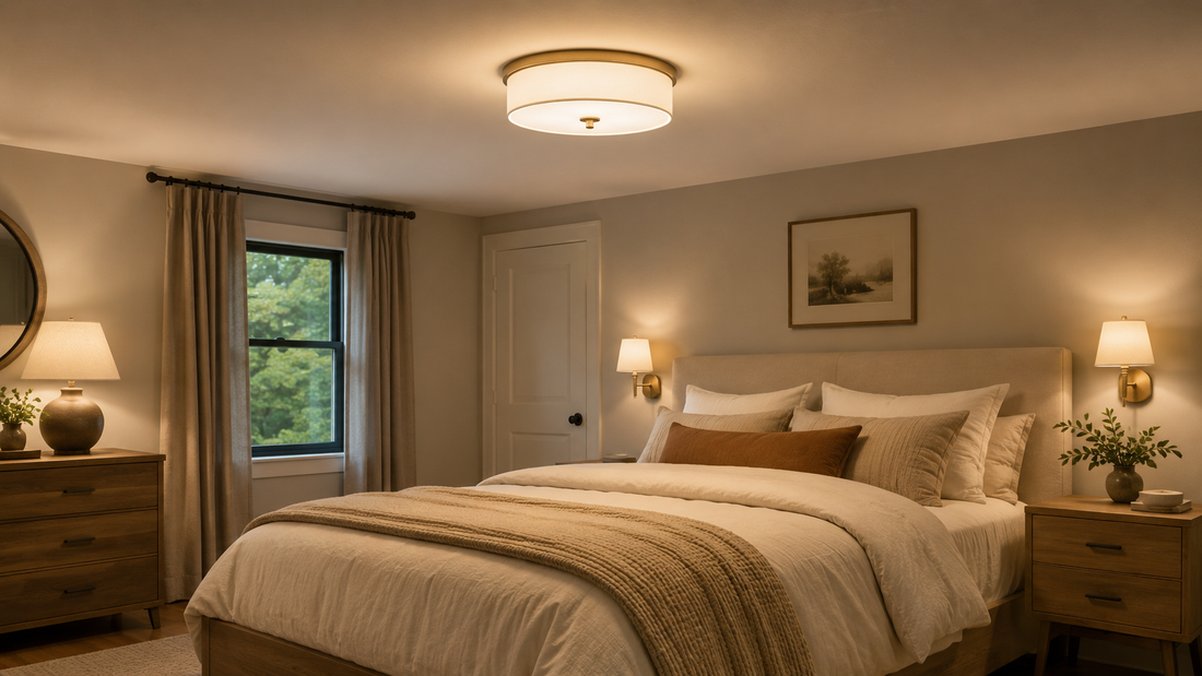 Low ceiling bedroom lighting with a flush mount ceiling light and warm bedside sconces