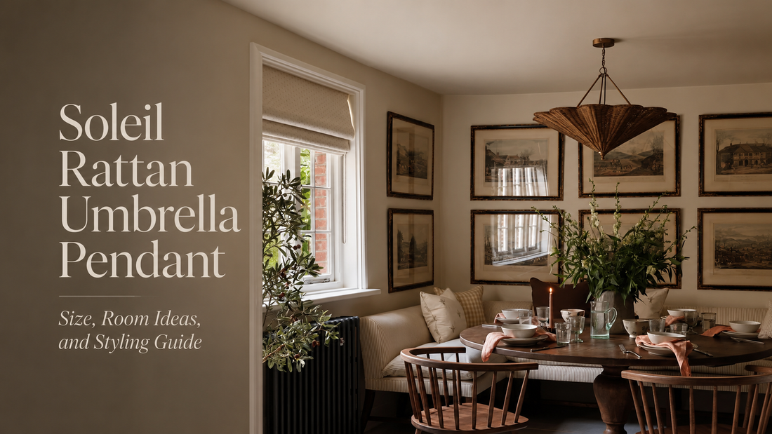 Soleil Rattan Umbrella Pendant above a round dining table in a warm breakfast nook.