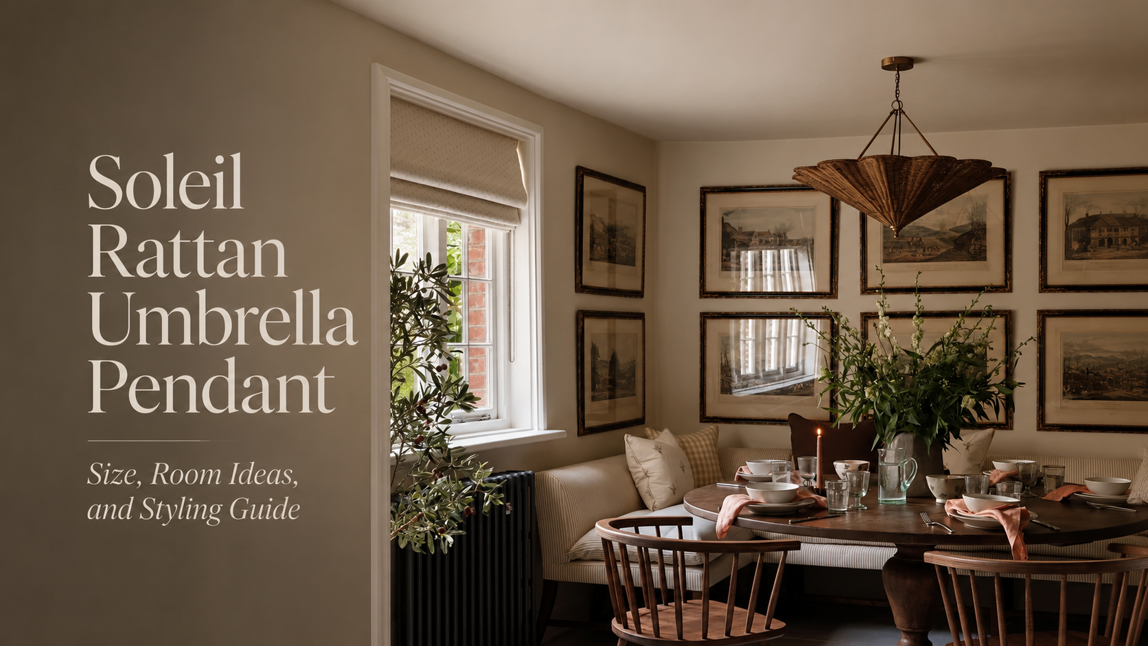 Soleil Rattan Umbrella Pendant above a round dining table in a warm breakfast nook.
