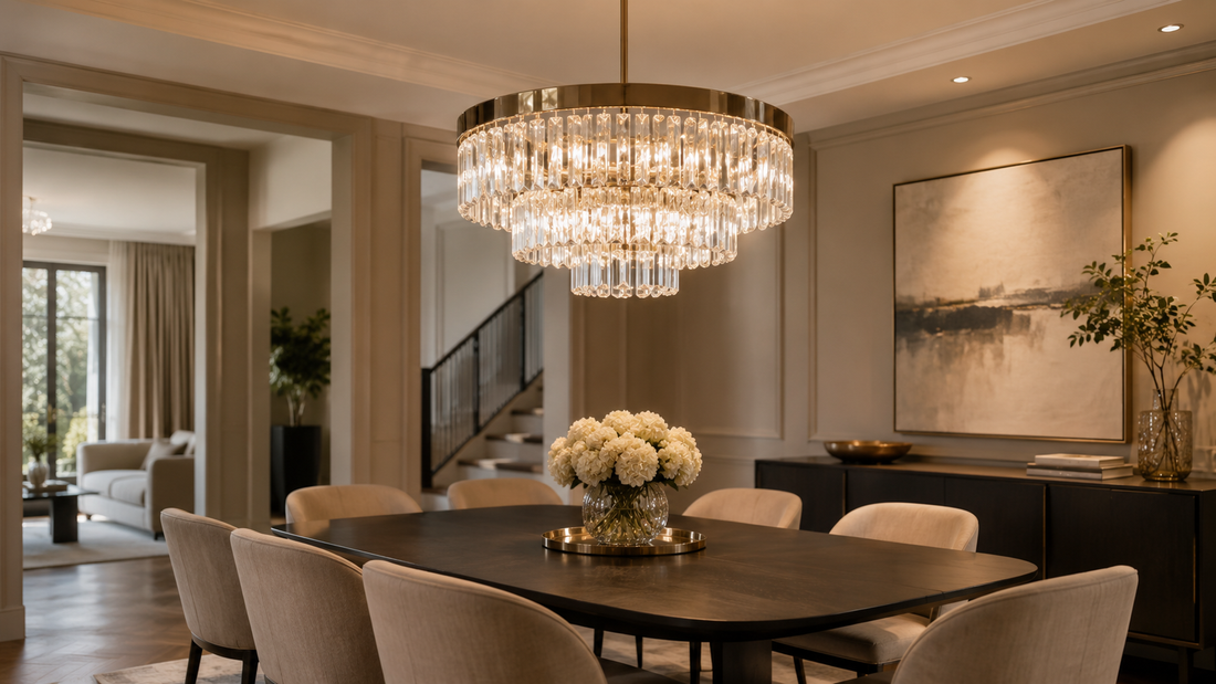 Modern crystal chandelier above a dining table in a warm elegant dining room
