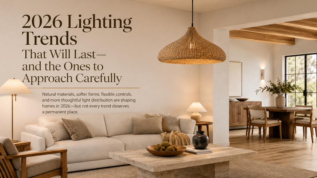 Warm modern interior featuring sculptural lighting, natural materials, and balanced layered illumination