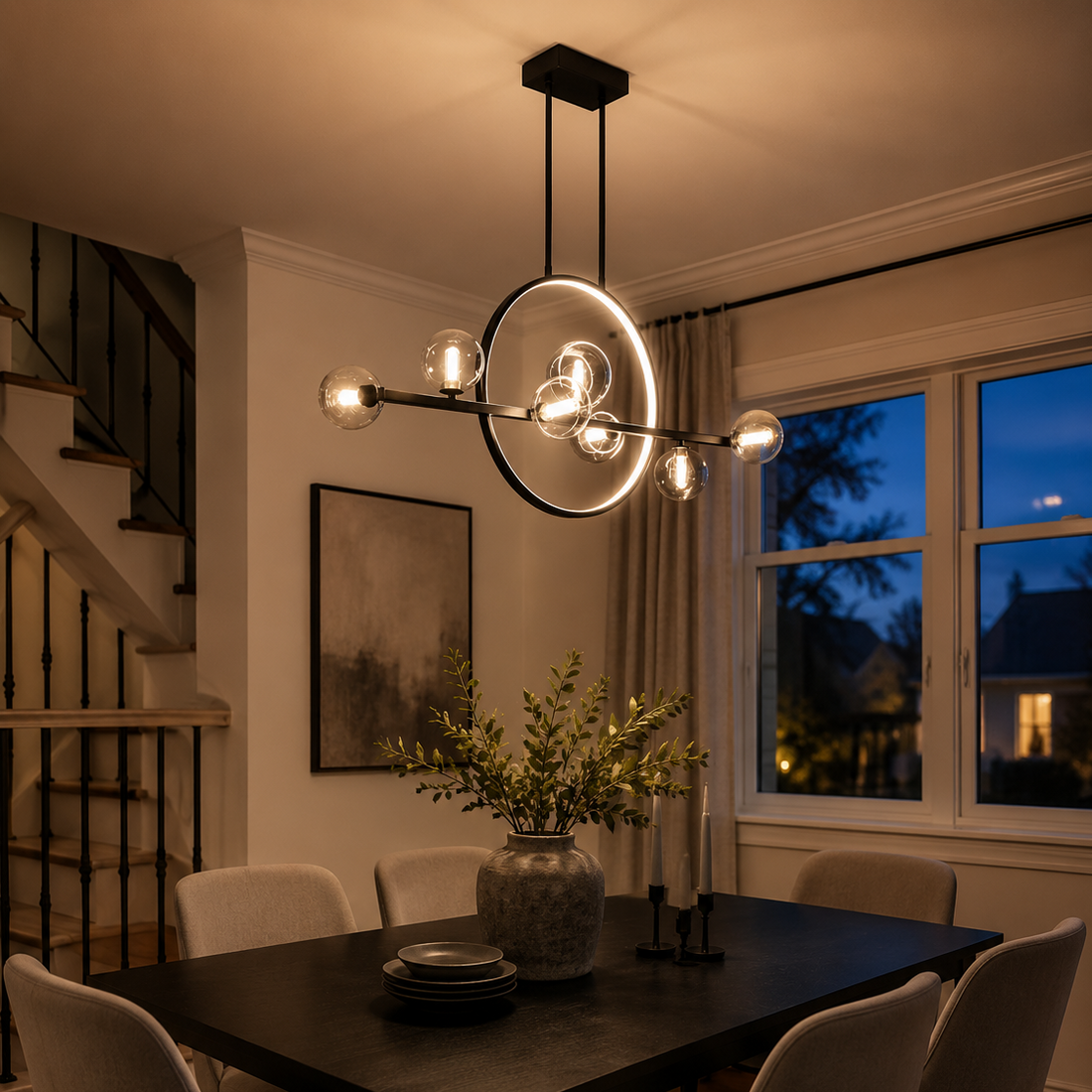 Glass bubble chandelier in a warm modern dining room