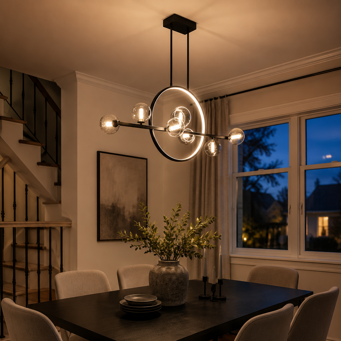 Glass bubble chandelier in a warm modern dining room