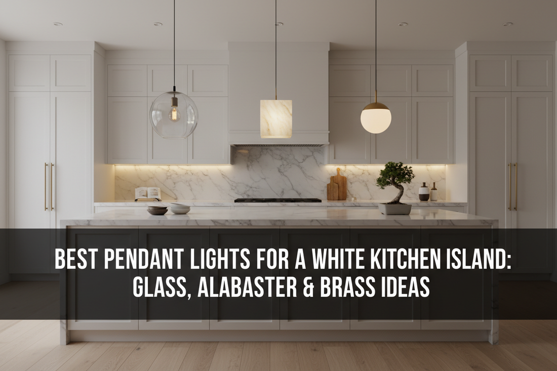Illustration of best pendant lights for a white kitchen island: glass, alabaster & brass ideas - Glowryte