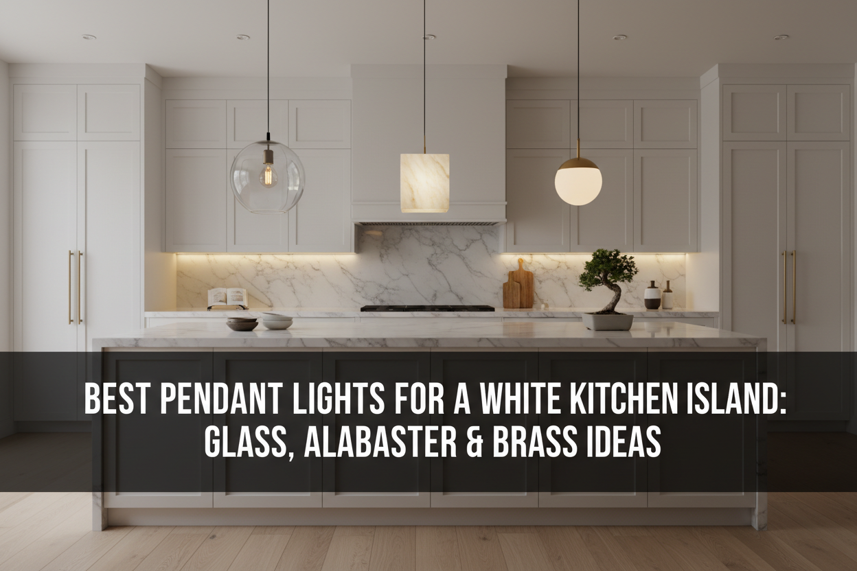Illustration of best pendant lights for a white kitchen island: glass, alabaster & brass ideas - Glowryte