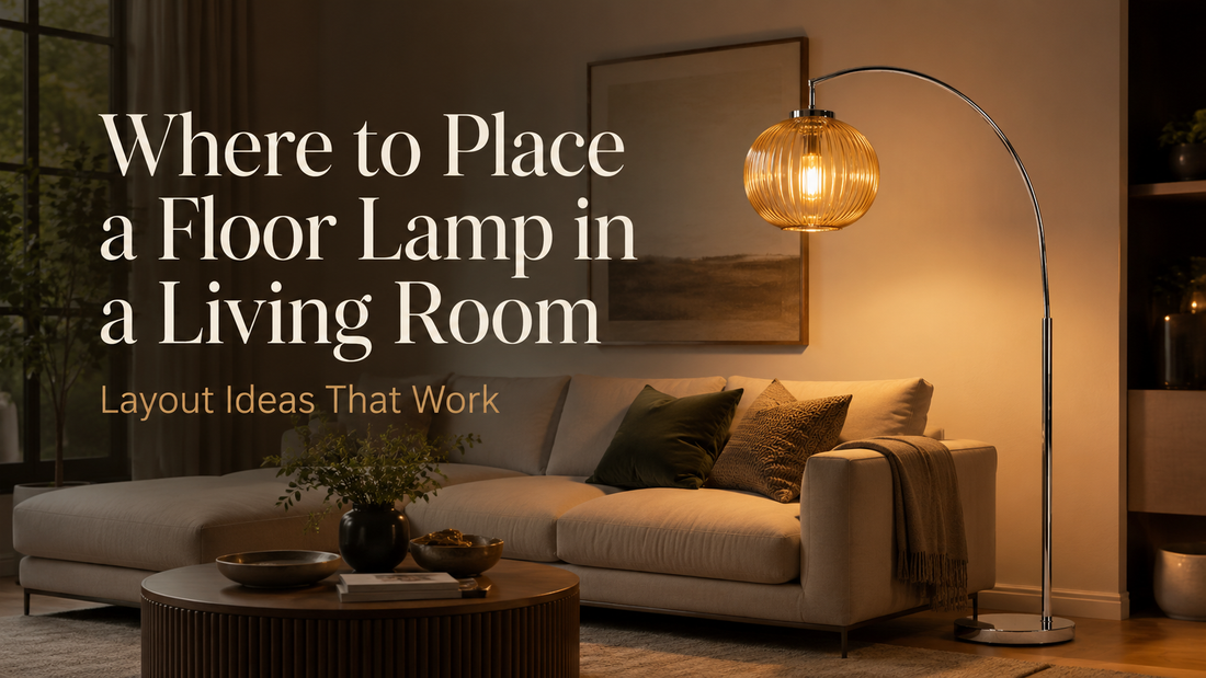 Floor lamp beside a sofa in a warm modern living room